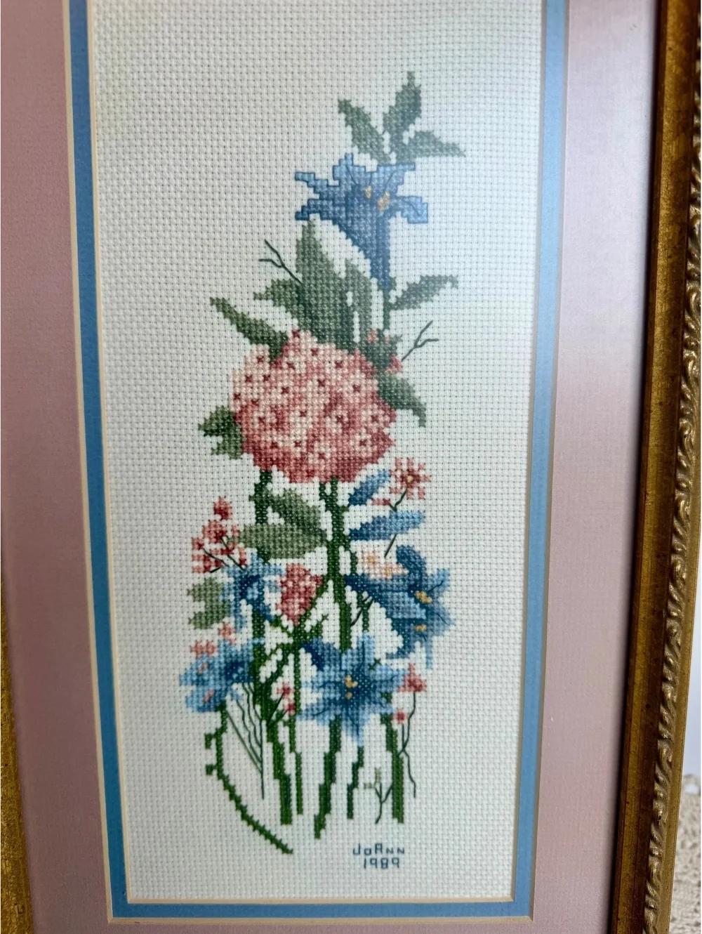 Vintage 1989 Floral Cross Stitch Pair Framed Wall Art Pink Blue Gold Frames